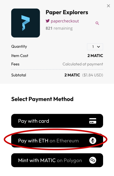 "Pay With ETH" button allows you to pay use cross-chain payments.