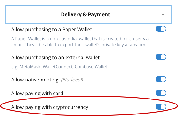 Toggle "Allow paying with cryptocurrency" for cross-chain crypto payments.