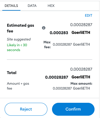 MetaMask shows the estimated gas fees