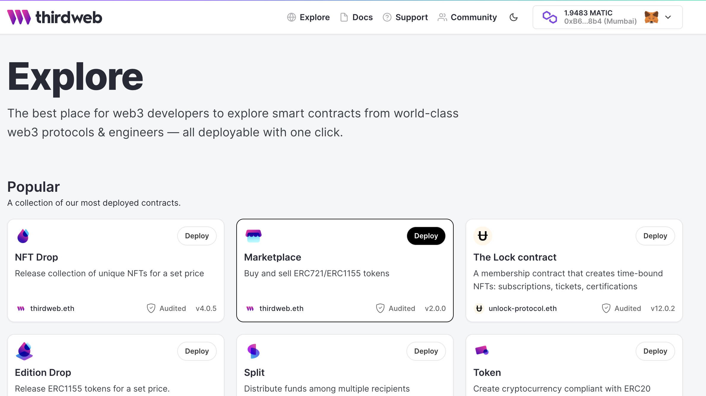 thirdweb explore page for marketplace smart contract