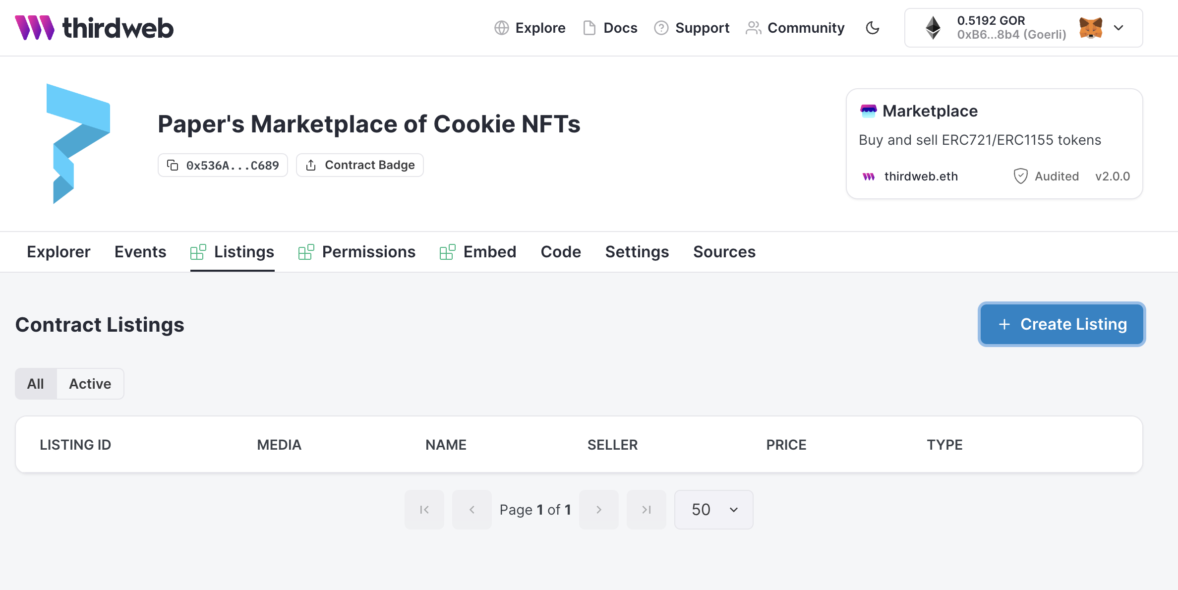 Create listings to add NFTs to the thirdweb smart contract