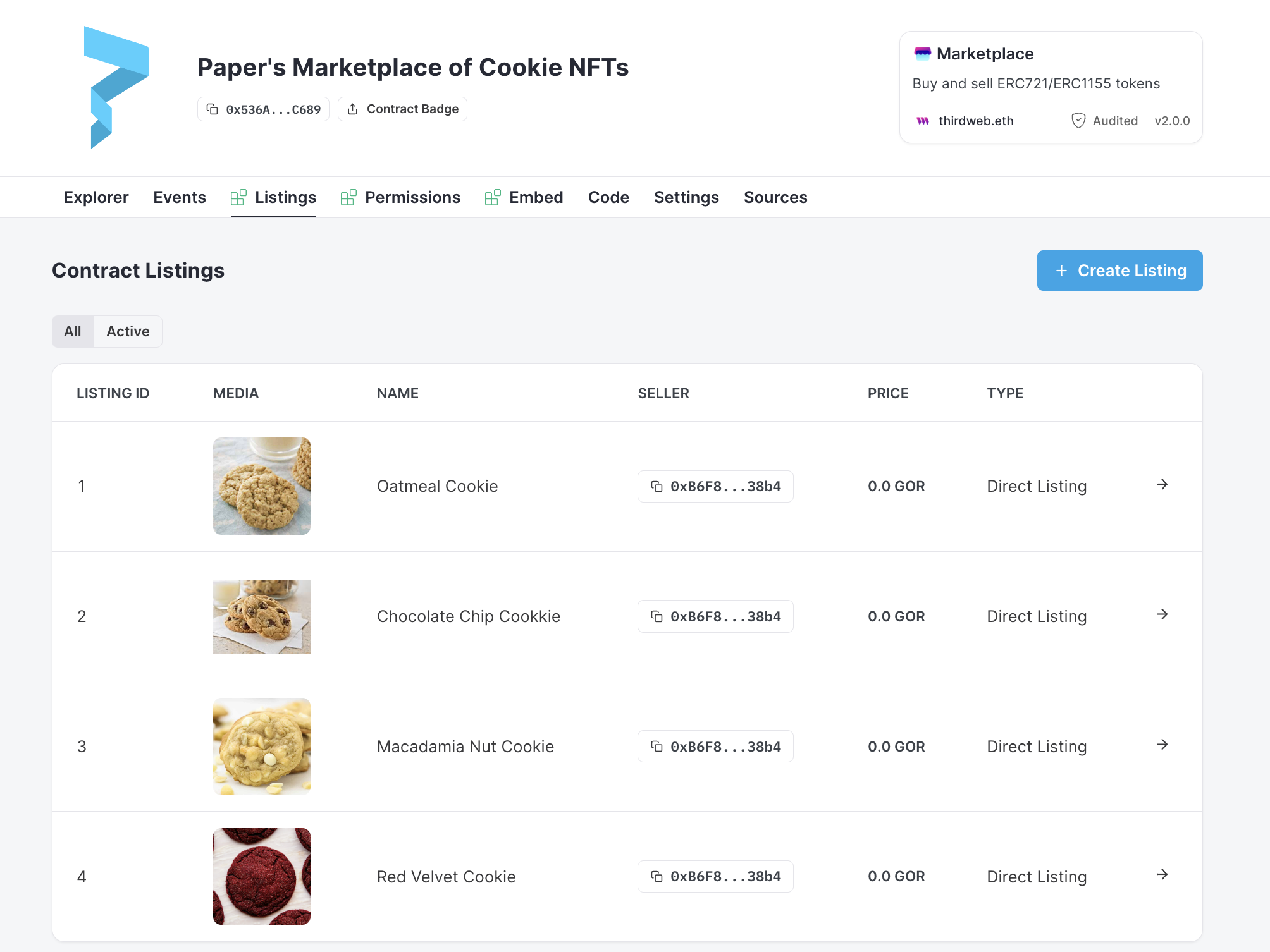 Thirdweb marketplace smart contract with NFT listings