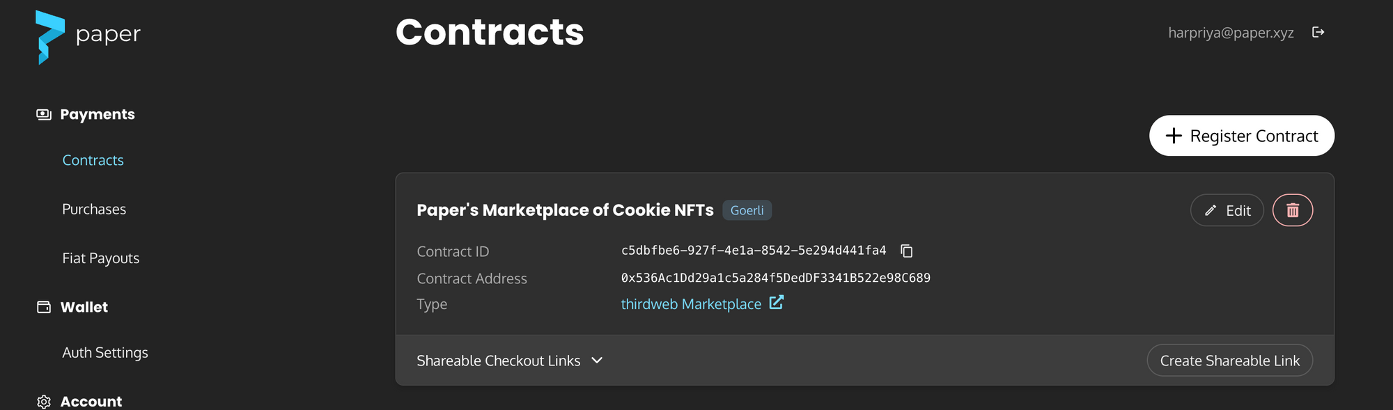 Register your thirdweb marketplace smart contract on the Paper developer dashboard.