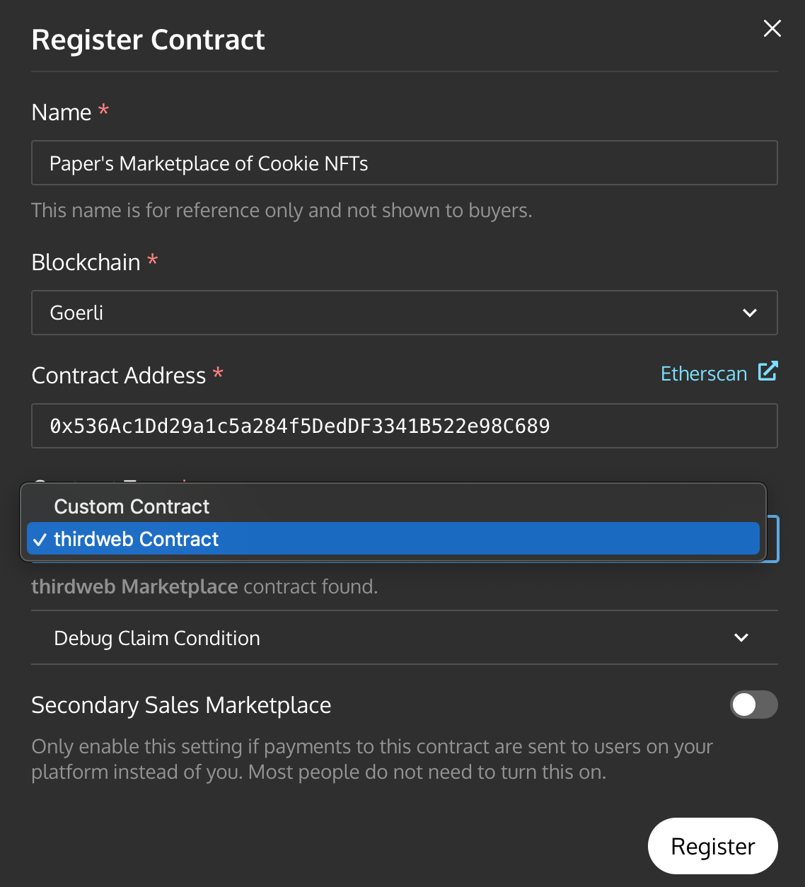 Paste in the smart contract address. Paper will automatically detect the thirdweb marketplace smart contract.