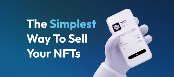 Text in large letters "The simplest way to sell your NFTs". Animated hand holding a phone with Paper Checkout on the screen.